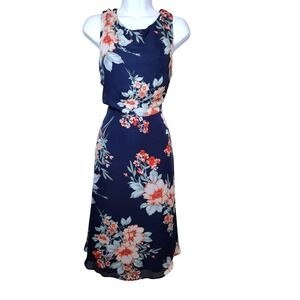 Studio One NY Dress Sz 12  Navy Orange Floral Midi  Sleeveless NWT